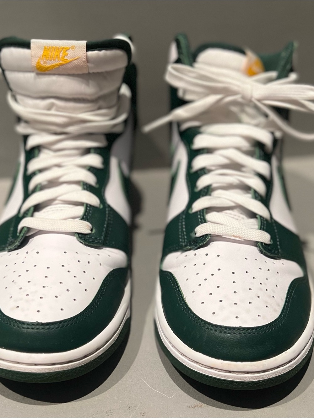 Nike White and Dark Green High Top Sneakers with Yellow Logo Accent